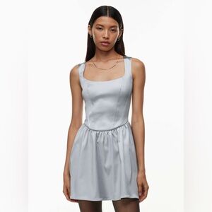 🛍️ NWT Aritzia Sunday Best Septor Satin Mini Dress Cool Lagoon Grey Sz 12